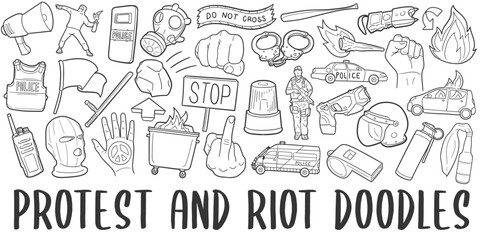 Protest and Riot Doodle Banner Icon. Manifestation Vector Illustration Hand Drawn Art. Line Symbols Sketch Background.