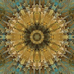 hexagonal kaleidoscopic turquoise gold and brown coloured patterns and design