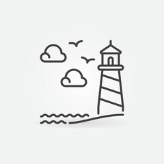 Naklejka premium Lighthouse on Cliff with Seagulls and Clounds vector linear icon