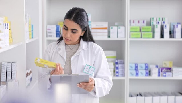 Woman pharmacist, prescription medicine and clipboard checklist for medical healthcare report at pharmacy clinic. Girl doctor help with pharmaceutical pills inventory audit work at hospital drugstore