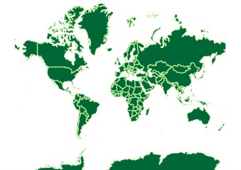 The World map in green with yellow outline