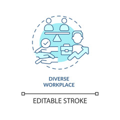 Diverse workplace turquoise concept icon. Diversity teamwork. Equal at career abstract idea thin line illustration. Isolated outline drawing. Editable stroke. Arial, Myriad Pro-Bold fonts used