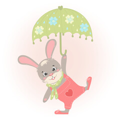 Cute rabbit with a green umbrella, rejoices in the spring and the sun, vector illustration