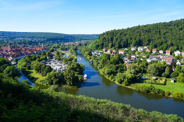 View of Hann. Münden from the Weserliedanlage. Panorama landscape from the city with the confluence of the Werra and Fulda rivers into the Weser.
