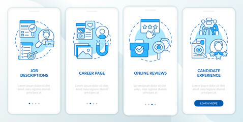 Recruitment blue onboarding mobile app screen. Finding talent walkthrough 4 steps editable graphic instructions with linear concepts. UI, UX, GUI template. Myriad Pro-Bold, Regular fonts used