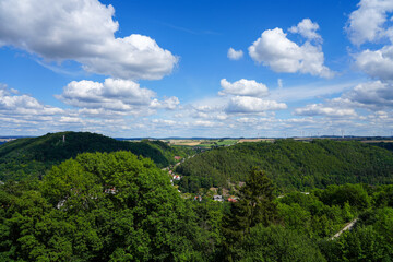 Fototapeta na wymiar View from the Buttenturm on the Obermarsberg in Marsberg. Wide view of the landscape from the highest point. 