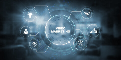 Video marketing and advertising concept on screen.  Business, Technology, Internet and network concept. 3d illustration