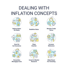 Dealing with inflation concept icons set. Rising prices. Interest rates. Economics idea thin line color illustrations. Isolated symbols. Editable stroke. Roboto-Medium, Myriad Pro-Bold fonts used