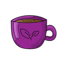 Violet cup of coffee or tea. Drawing of a leaf on a cup. Autumn mood. Vector Illustration. Cartoon style