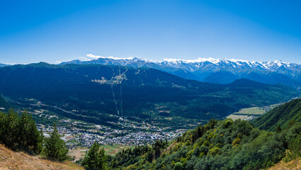 Fototapeta premium Mestia panorama landscape in Svaneti region, Georgia. Mestia in Svaneti region is a popular sightseeing destination for tourists in Georgia.