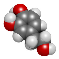 Hydroxytyrosol olive oil antioxidant molecule, 3D rendering.