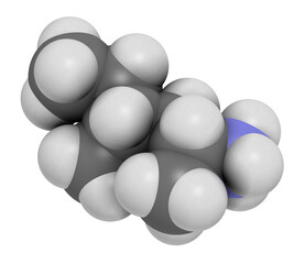 Methylhexanamine (dimethylamylamine, DMAA) stimulant molecule, 3D rendering.