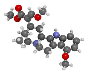 Mitragynine molecule. Herbal alkaloid present in kratom (ketum, Mitragyna speciosa), 3D rendering.
