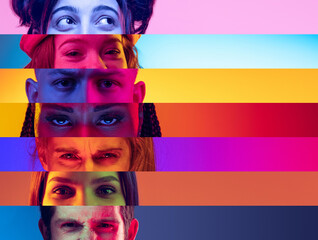 Composite image of close-up male and female eyes isolated on colored neon striped backgorund. Concept of equality, unification of all nations, ages and interests - obrazy, fototapety, plakaty