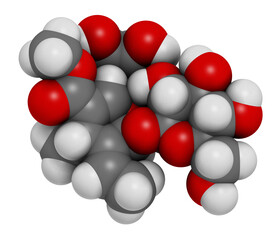 Oleuropein olive component molecule. In part responsible for pungency of virgin olive oil, may have beneficial properties, 3D rendering.