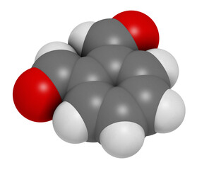 Phthalaldehyde (ortho-phthalaldehyde, OPA) disinfectant molecule.  3D rendering. Atoms are represented as spheres with conventional color coding: hydrogen (white), carbon (grey), oxygen (red).