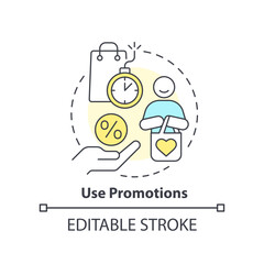 Use promotion concept icon. Special offers and discounts. Managing prices abstract idea thin line illustration. Isolated outline drawing. Editable stroke. Arial, Myriad Pro-Bold fonts used