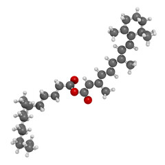 Retinyl palmitate vitamin supplement molecule. Ester of vitamin A (retinol) and palmitic acid, 3D rendering.