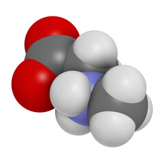 Sarcosine (N-methylglycine) molecule, 3D rendering.