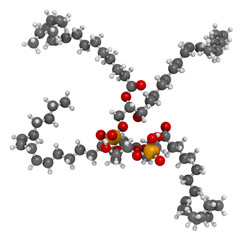 Cardiolipin (tetralinoleoyl cardiolipin) molecule. Important component of the inner membrane of mitochondria, 3D rendering.