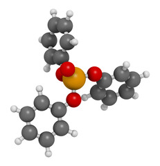 Triphenyl phosphate molecule. Used as flame retardant and plasticizer, 3D rendering. - obrazy, fototapety, plakaty