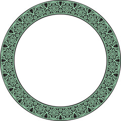 Vector green round oriental ornament. Arabic patterned circle of Iran, Iraq, Turkey, Syria. Persian frame, border..