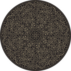 Vector round golden classic ornament. A circle with a europe gold pattern on the black background. Ceiling decoration, ancient Rome, Greece