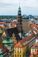 Top aerial view of buildings in old town Wroclaw, historical city centre, Poland