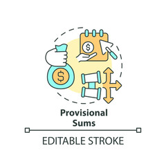 Provisional sums concept icon. Pay in advance. Dealing with inflation in construction abstract idea thin line illustration. Isolated outline drawing. Editable stroke. Arial, Myriad Pro-Bold fonts used