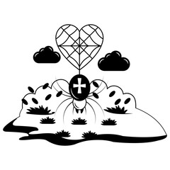 Fields with clouds and sky Vector Icon Design,Nature Love Symbol, Artistic landforms Scenes Sign, Heart in nature Stock illustration, Beautiful Landscape View, Spider making web heart shaped Concept