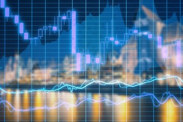 Abstract data forex candlestick chart on city background. Trade, investment concept.