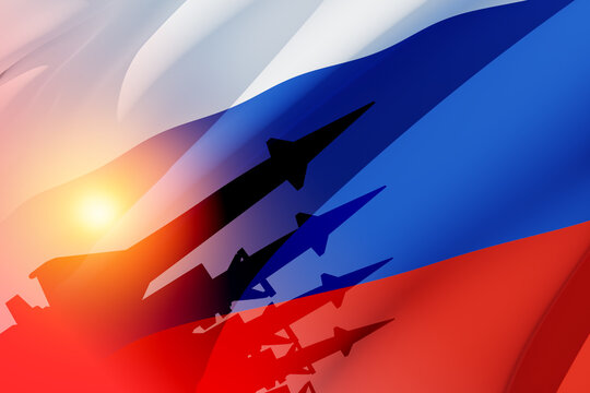 Silhouette of missiles on a background of the flag of Russia and the sun. Nuclear weapon concept. Demonstration of weapons of the Russian Federation. 3d rendering.