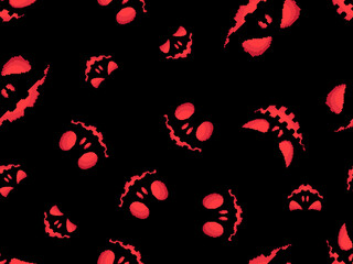 Halloween scary face with glowing eyes in pixel style. Seamless pattern with scary faces carved on a pumpkin in 8-bit 80-90s video game style. Design for applications and banners. Vector illustration