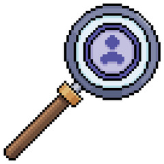 Pixel art magnifying glass analyzing profile vector icon for 8bit game on white background