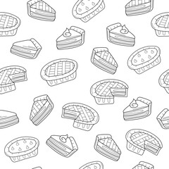Pie seamless pattern doodle outline vector. Texture for background, menu, fabric, wrapping. Outline drawings on white