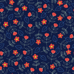Artistic hand drawn vector seamless floral ditsy pattern design. Stylish repeating blooming flowers and leaves texture background for textile