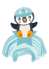 Cute baby boy penguin on star and blue rainbow