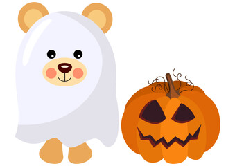 Cute teddy bear ghost with pumpkin