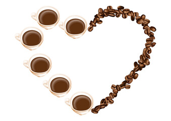 Heart frame made of coffee cups and coffee beans