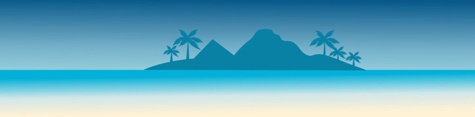 Fototapeta na wymiar vector illustration of distant sea panorama tropical and mountains scenery, beautiful palm tree in blue color blend