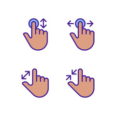 Obraz premium Scrolling and magnifying gestures pixel perfect RGB color icons set. Touchscreen. Electronic device navigation. Isolated vector illustrations. Simple filled line drawings collection. Editable stroke