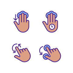 Multi touch function pixel perfect RGB color icons set. Three finger tap, hold. Rotation function. Touchscreen. Isolated vector illustrations. Simple filled line drawings collection. Editable stroke
