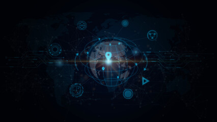 Flying earth network interface on blue background, Global network connection, Big data analytics, business intelligence, World map point line composition concept of global business, Digital link tech