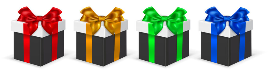 Set of realistic gift boxes with colored ribbons and bows, with shadows on white background