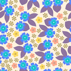 Naklejka na ściany i meble Decorative trendy vector seamless floral ditsy pattern design. Elegant repeat blooming flowers and leaves texture background for printing and textile