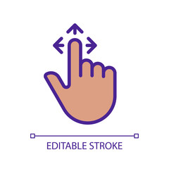 Obraz premium Drag gesture pixel perfect RGB color icon. Tap and pull image. Touchscreen control. Pointing finger and arrows. Silhouette symbol on white space. Solid pictogram. Vector isolated illustration