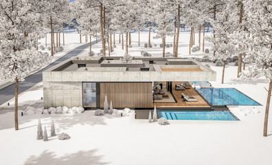 3d rendering of new concrete house in modern style with pool and parking for sale or rent and beautiful landscaping on background. The house has only one floor. Cool winter day with shiny white snow.