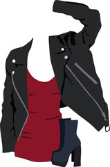 Female clothing concept sheath dress with leather jacket and boots.