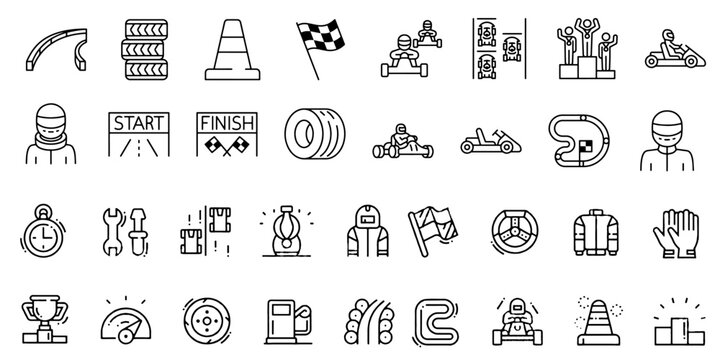 Karting icons set. Kart racing, linear icon collection. Road racing on go-karts, shifter karts. Attributes. Line with editable stroke