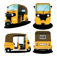 Set of yellow auto-rickshaw illustrations in India.